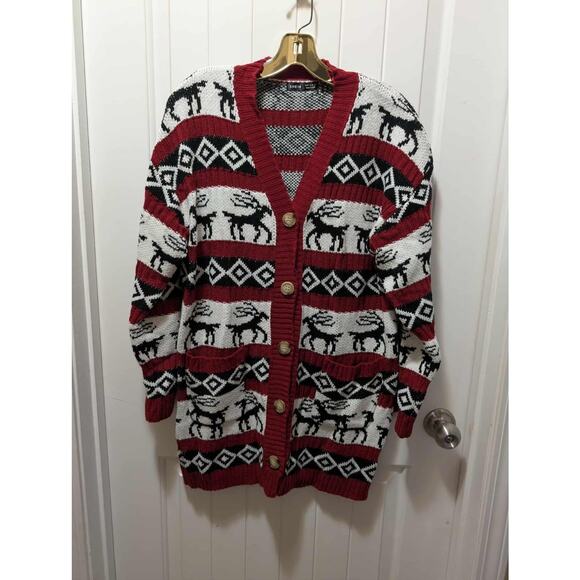 Womens Reindeer Black White Red Button-up Christmas Cardigan Sweater Size M - Picture 1 of 9